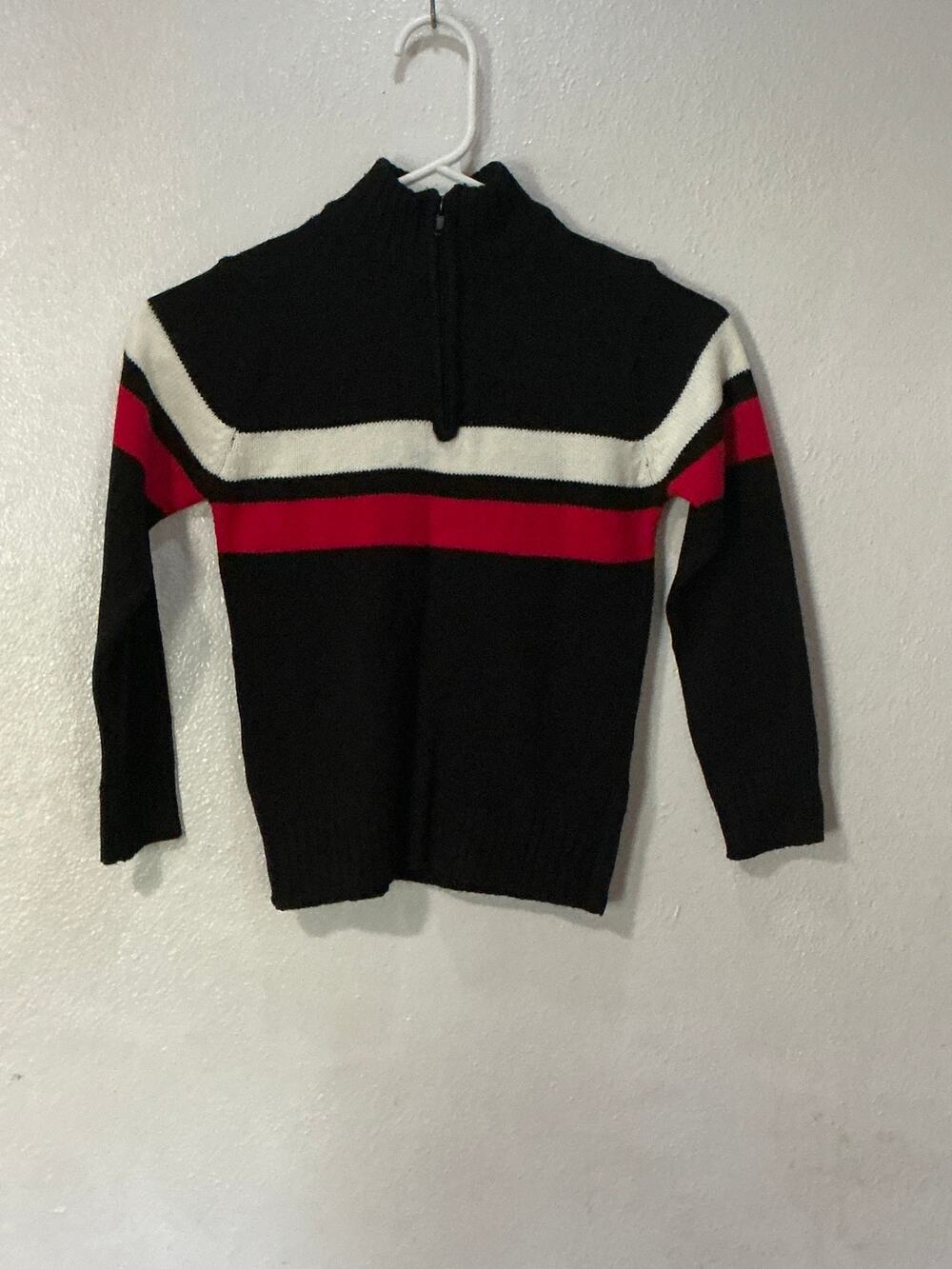 sezzit size L/7 red white strips black sweater with zipper